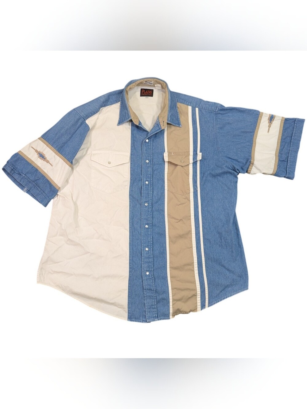 Plains Western Wear Shirt 2XL Beige Striped Pearl Snap Button Up Cowboy Denim